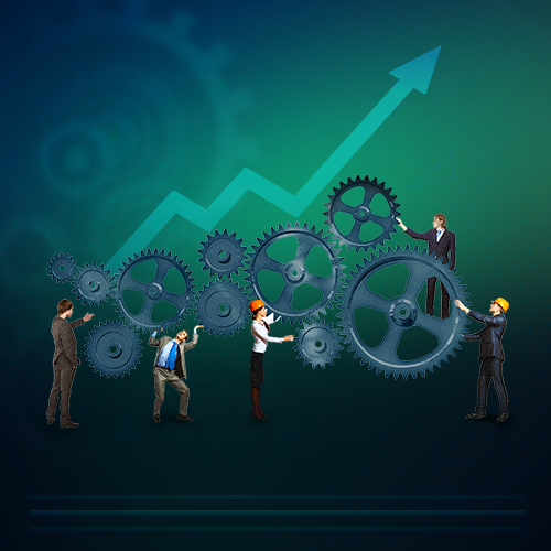 Imagem formada por personagens e engrenagem mostrando de forma ilustrativa como acontecem as etapas de gestão de projetos de TI