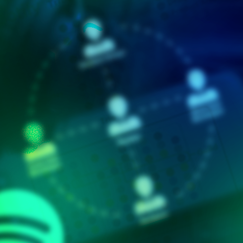 a imagem mostra vários bonecos que representam usuários em tons de verde e azul e o símbolo do spotify