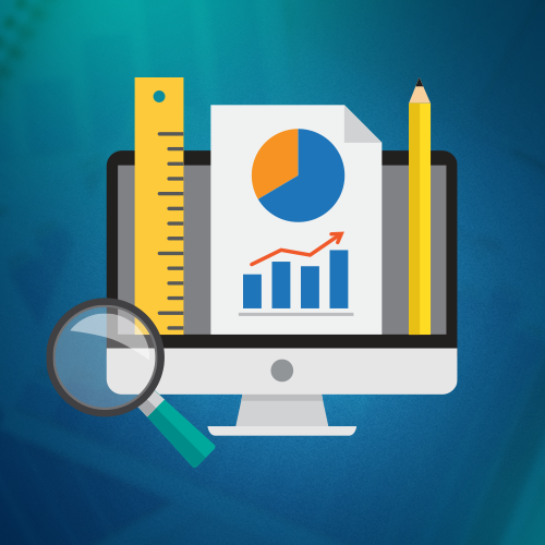 imagem que mostra um computador e vários instrumentos de medição de métricas, como: lupa, régua, lápis e um painel de dados