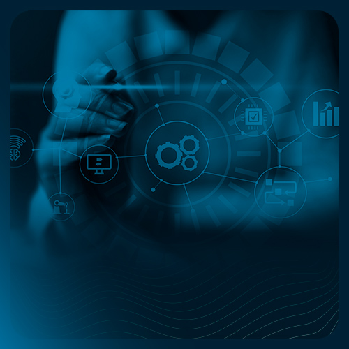 imagem em tons de azul com uma pessoa mulher tocando a tela com algumas funcionalidades