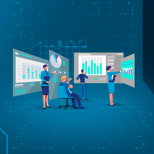 A imagem mostra vários colaboradores entre painéis de BI analisando a funcionalidade de cada um
