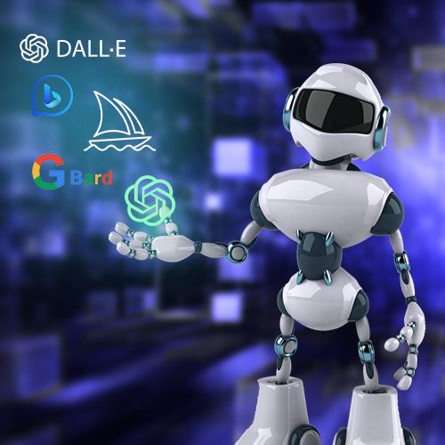 Imagem de um robô em tons de cinza e preto mostrando as logos dos serviços de inteligência artificial generativa atuais, tais como: ChatGPT, Midjourney, DALL-E 2, Google Bard, Bing Chat.