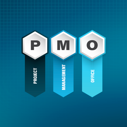 Imagem em tons de azul com letras pretas formando a palavra PMO (Project Management Office)