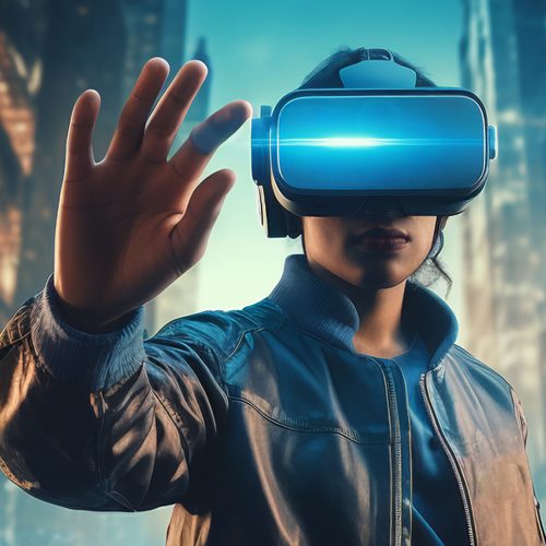 Imagem de uma mulher com óculos de realidade virtual com a mão buscando tocar algo