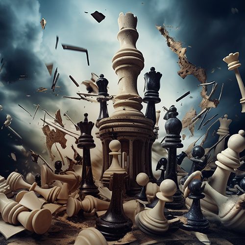 A imagem mostra peças de xadrez em uma batalha.