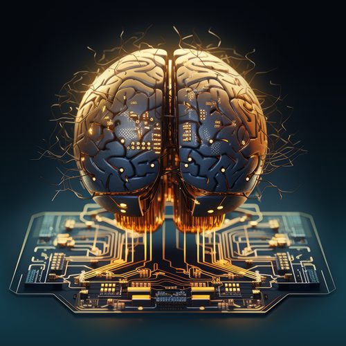 Imagem de um cérebro com ligações tecnológicas em uma placa de computador que fazem ligação.