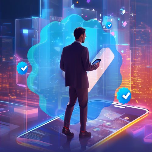 A imagem mostra um homem em um cenário tecnológico em cima do que seria um celular, olhando seu celular, e ao redor dele alguns selos de verificação, demonstrando que ele é um profissional verificado com certificações na área de gestão.