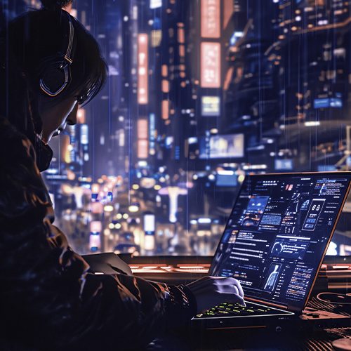 Imagem de uma mulher utilizando um computador com telas de desenvolvimento de software.