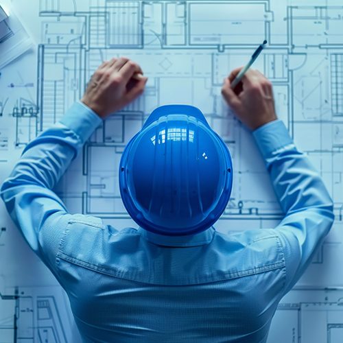 A imagem mostra um engenheiro com blusa de manga longa e capacete azuis analisando um projeto de obra