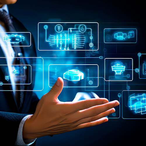 Na imagem mostra um homem com a mão em várias telas virtuais , mostrando a variedade de caminhos que a transformação digital pode seguir.