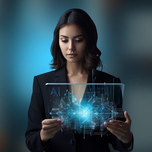 Uma IA, representada por uma mulher, segura nas mãos uma tela onde pode ver cenários tecnológicos de manutenção preditiva.