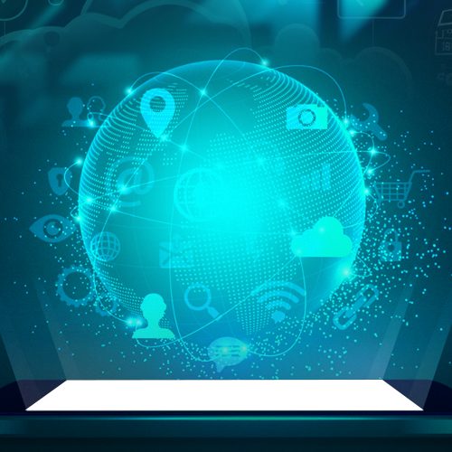 A imagem mostra um globo e ao redor dele vários elementos de integração com a tecnologia, lembrando a transformação digital.