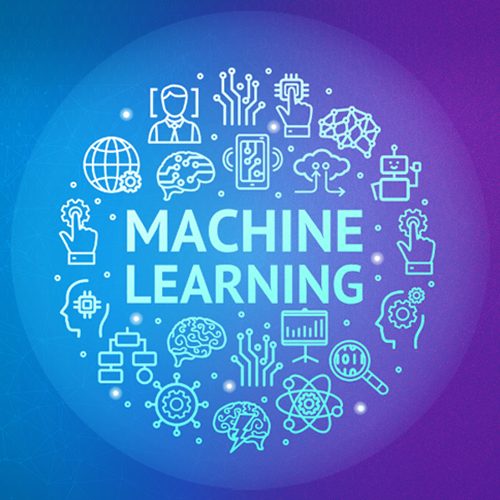 A imagem apresenta um fundo azul em degradê com a palavra 'Machine Learning' centralizada, em destaque, cercada por ícones representando diversas tecnologias.