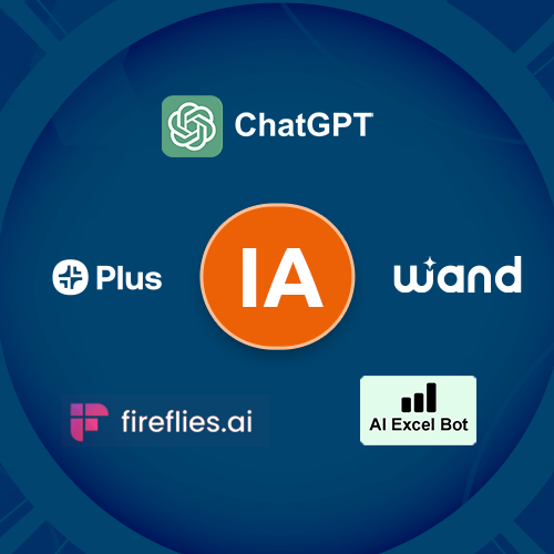 Imagem em um fundo azul com a palavra IA centralizada em um fundo laranja com letras brancas e ao redor as logos das ferramentas de IA abordadas no artigo. São elas: ChatGPT, Plus AI, Fireflies, Wand, AIExcelBot