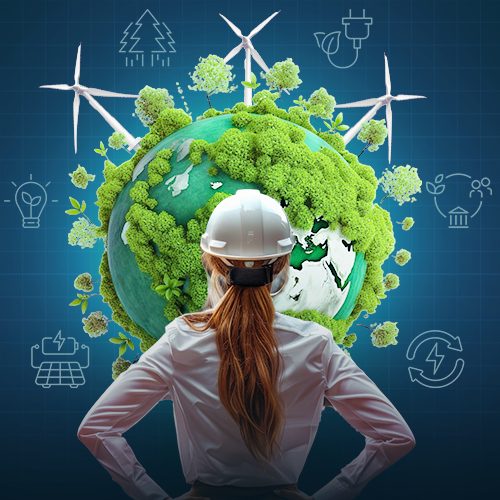 Imagem de uma engenheira de frente para um globo, representando a terra, com muitas árvores e fontes de energias eólicas, além de outros símbolos que remetem à sustentabilidade.