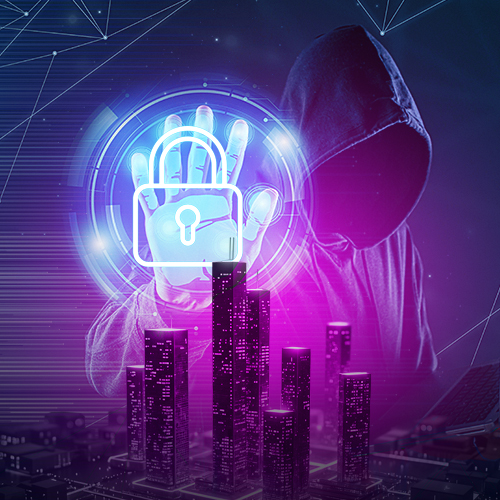 Ao fundo a representação de uma pessoa com capuz, onde não é possível identificar o rosto, com a mão simbolizando uma tentativa de acesso em uma imagem de cadeado, ambas nas cores azul claro brilhantes.