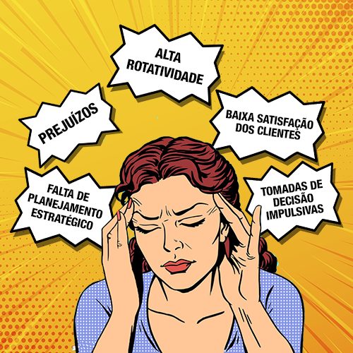 A imagem mostra uma mulher em formato de ilustração, estilo quadrinhos, sentindo dor de cabeça e ao redor dela balões de diálogo com as palavras falta de planejamento estratégico, tomadas de decisão impulsivas, prejuízos, alta rotatividade, baixa satisfação dos clientes