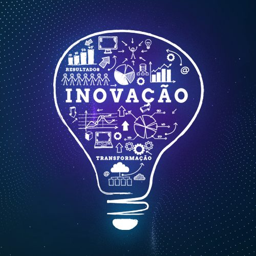 A imagem apresenta uma lâmpada na cor branca em fundo azul com vários ícones que fazem referência a palavra inovação que está centralizada, representando a cultura de inovação nas empresas.