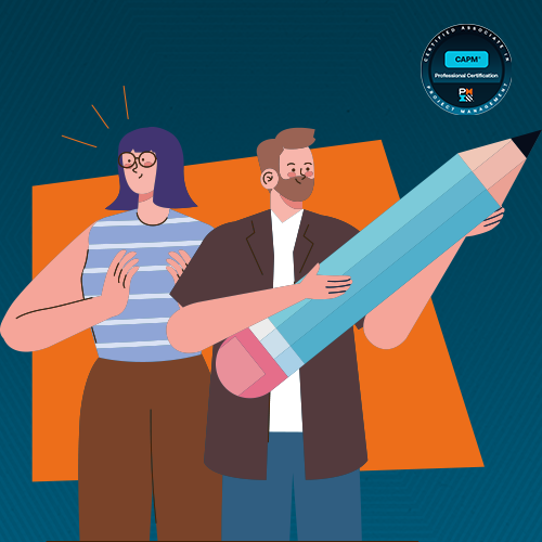 Imagem mostra em um fundo azul com uma sobreposição em laranja dois personagens, uma mulher e um homem, lado a lado a mulher demostrando que teve uma ideia e o homem segurando um grande lápis que aponta para a Certificação CAPM®.