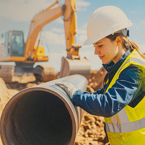 Uma engenheira está direcionando o encaixe de um cano. Ela veste uma blusa azul de manga lona e um colete verde limão com fitas fluorescentes, um capacete branco e luvas.