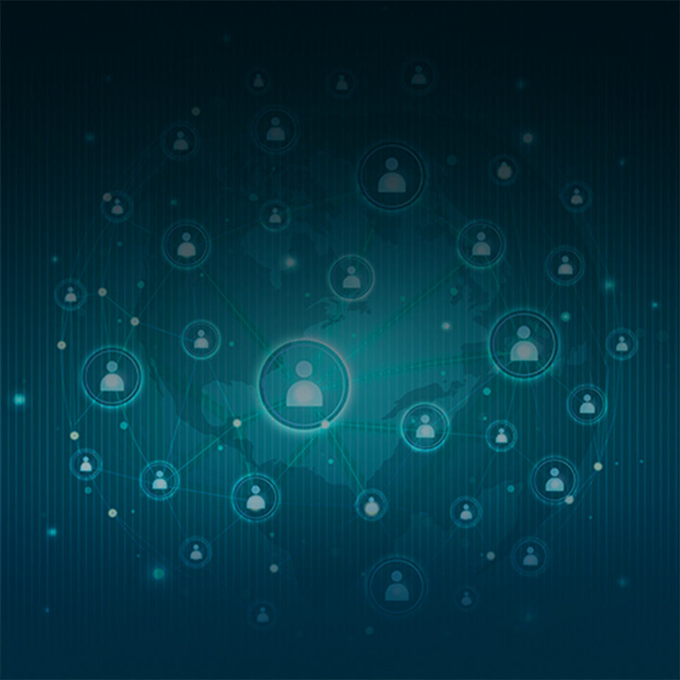 Imagem com o fundo azul e diversos símbolos que representam gestão de projetos, processos e tecnologia