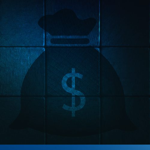 Ilustração em tons de azul escuro mostrando a silhueta de um saco de dinheiro com símbolo de cifrão ao centro, projetada sobre uma superfície quadriculada. A imagem remete a temas financeiros, tributários e gestão de recursos.